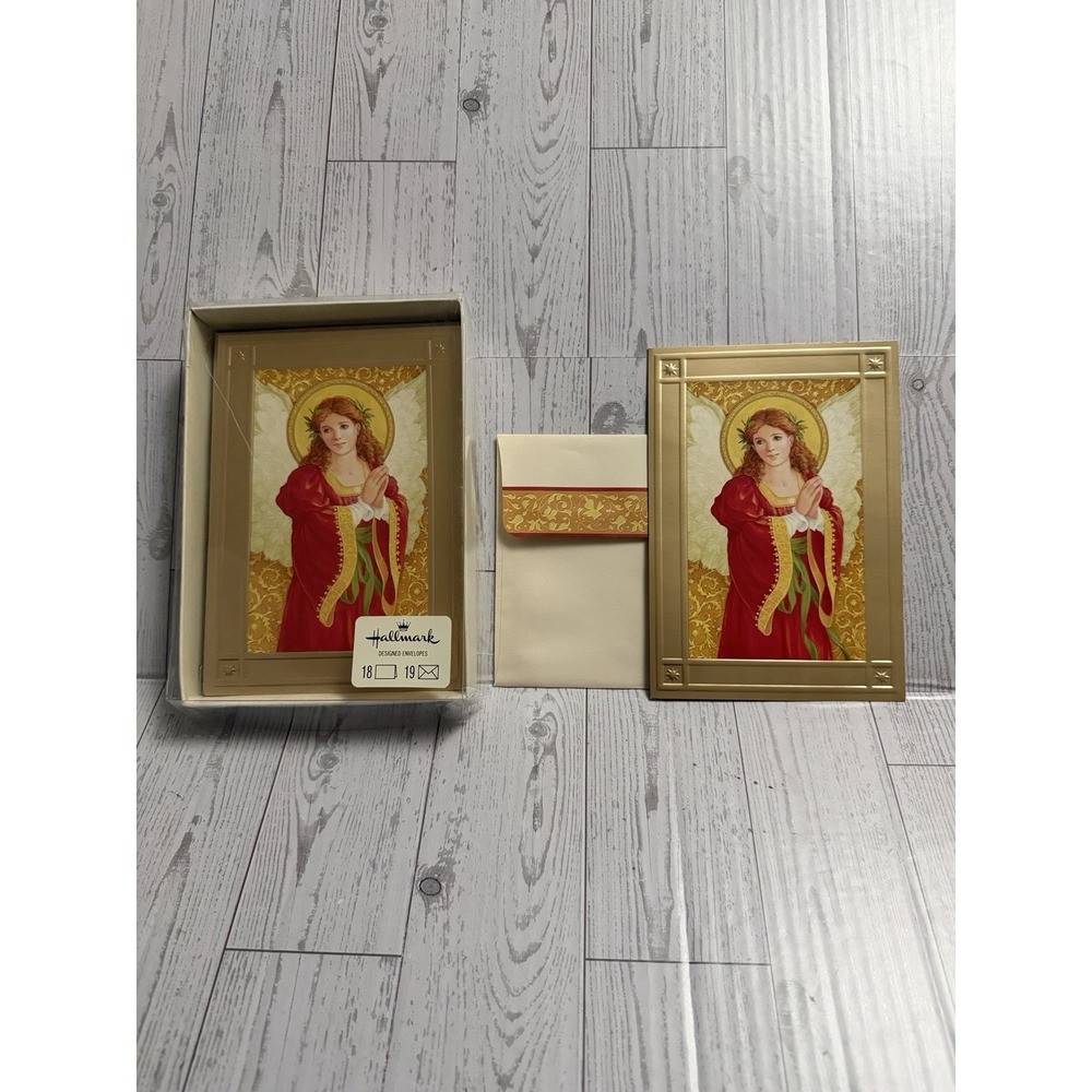 Vintage Hallmark Christmas Cards Embossed Gold Angel Set Of 12 w/‎ Envelopes